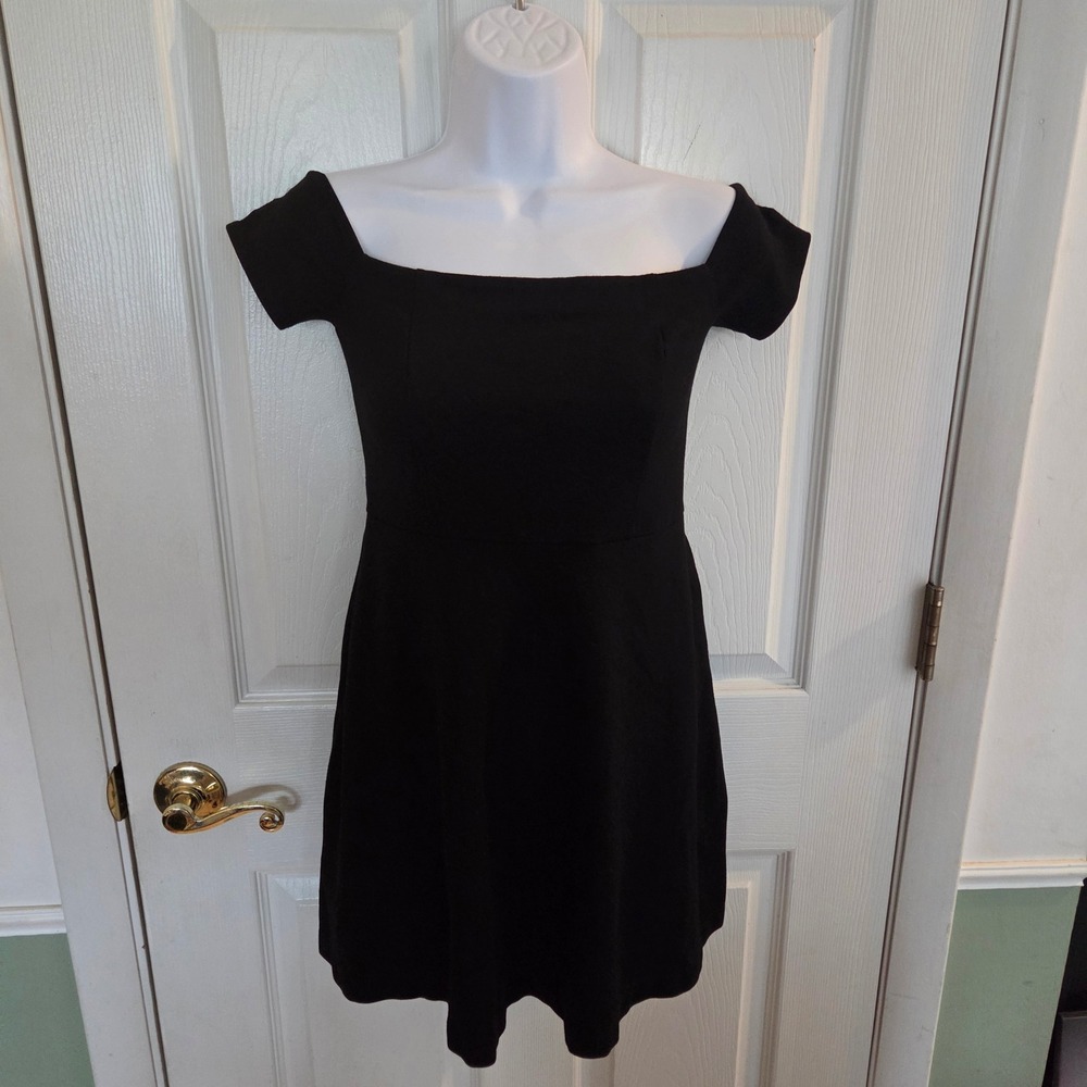Free People Black Off The Shoulder Micro Mini Dress Ponte Fit Flare Sz XS Boho